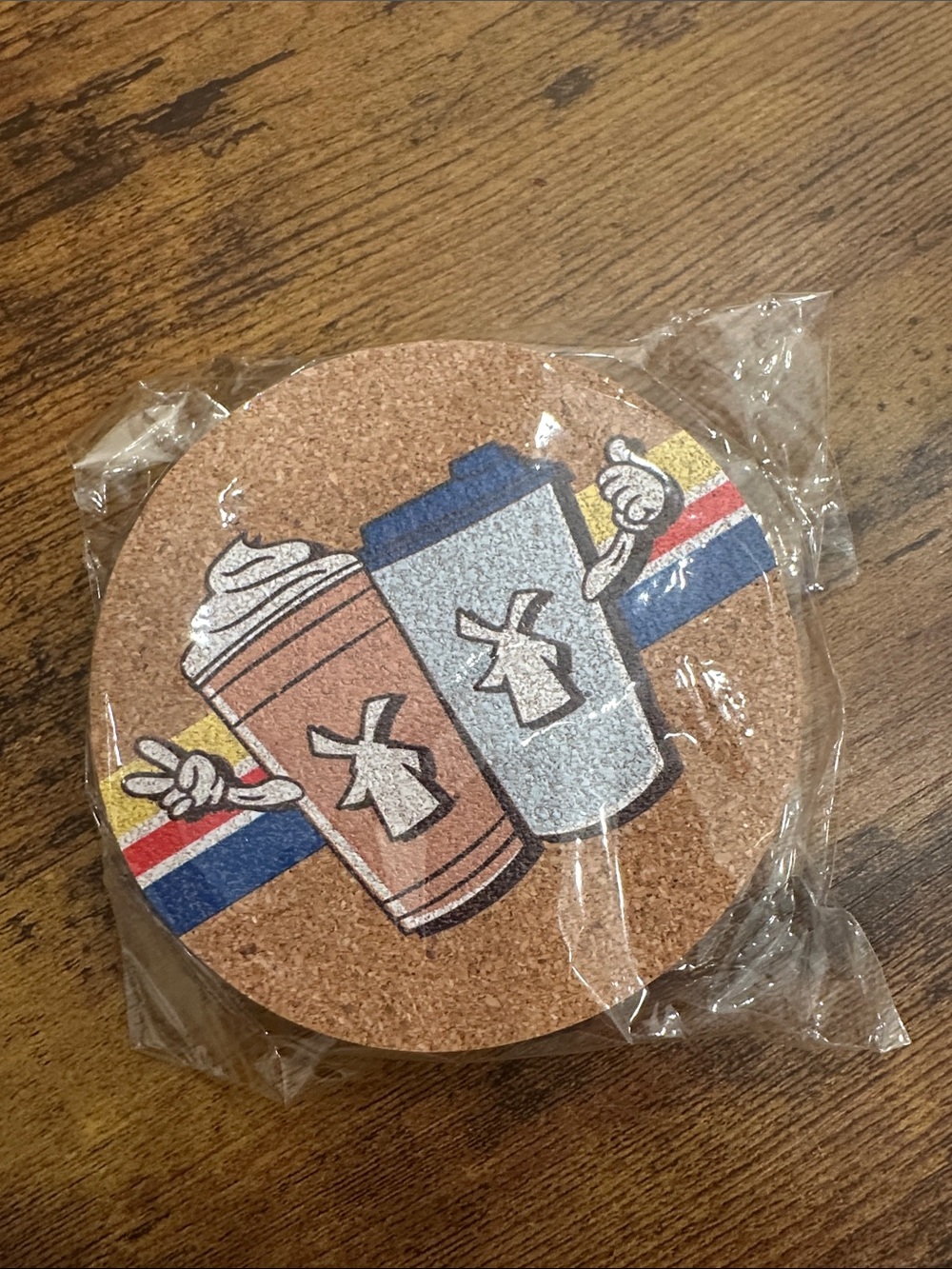 Cork Drink Coaster Set with Blue and Brown Coffee Cup Design